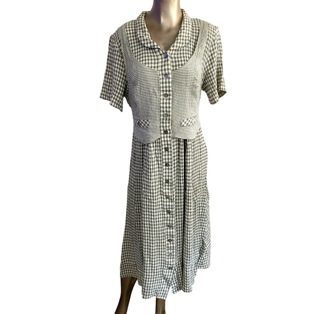 Vtg Alix Taylor Woman 90s Gingham Dress Faux Vest Midi Sage Green Size 14W USA